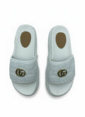 Gucci Style White Platform Slide Slippers With Gold Logo