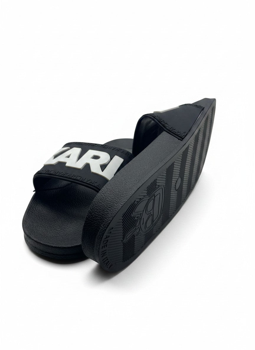 Karl Lagerfeld Black Slide Slippers With White Logo Strap