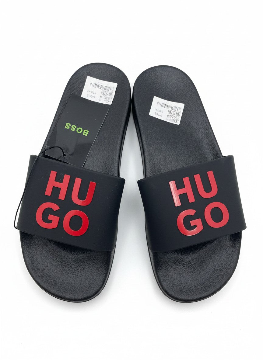 HUGO Black Slide Slippers With Red Logo