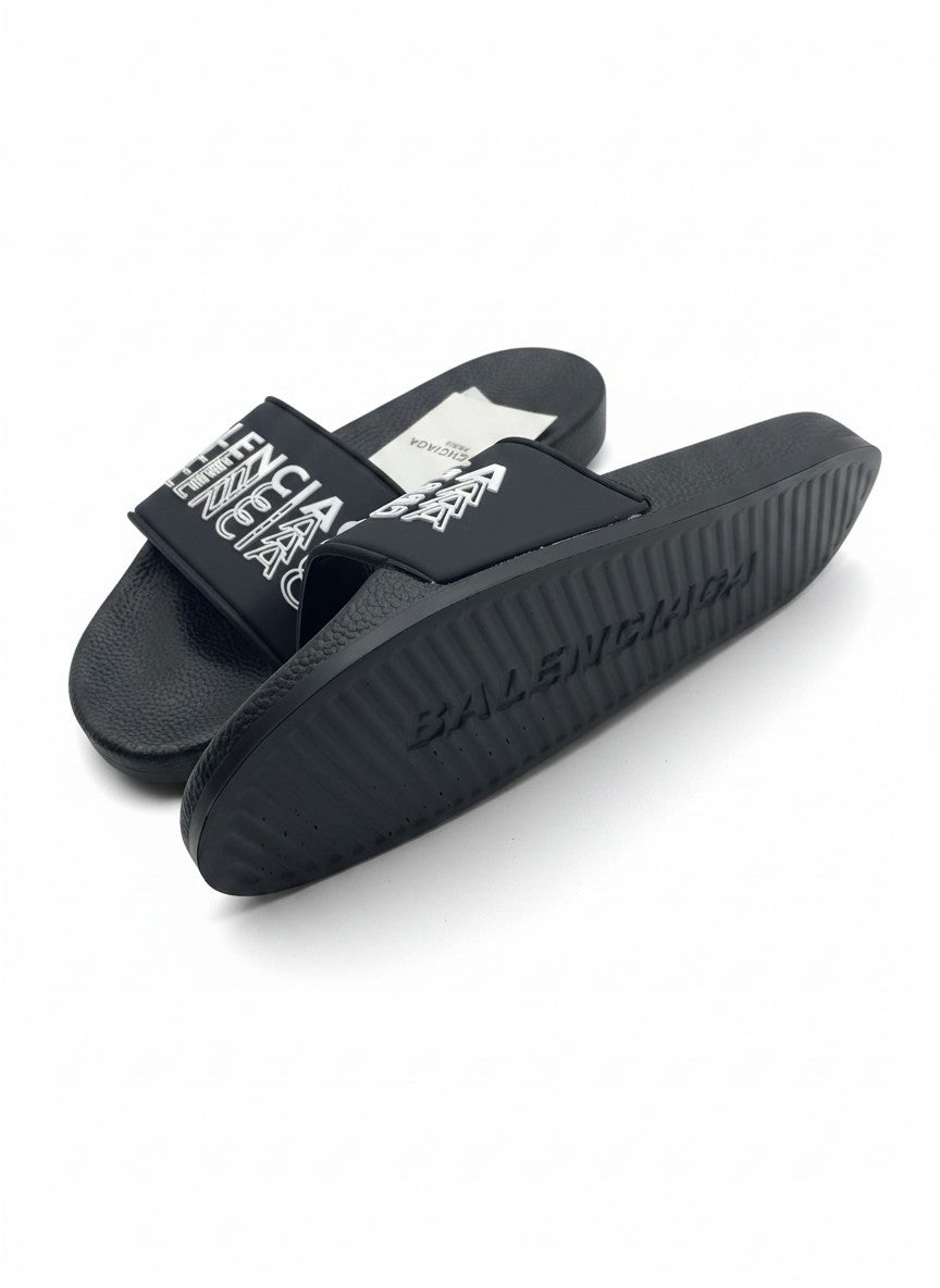 Balenciaga Black Slide Slippers With White Logo Strap