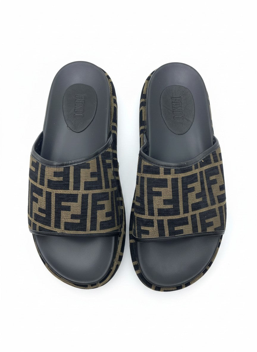 Fendi Style Black & Beige Platform Slide Slippers With Monogram Strap