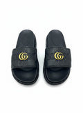 Gucci Style Black Platform Slide Slippers With Gold Logo