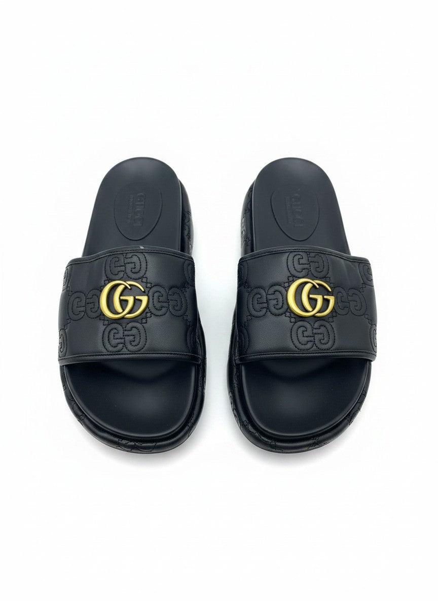 Gucci Style Black Platform Slide Slippers With Gold Logo