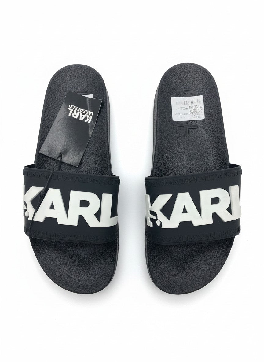 Karl Lagerfeld Black Slide Slippers With White Logo Strap