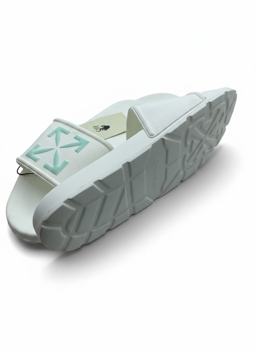 Off-White Style White Slide Slippers With Mint Arrow Logo