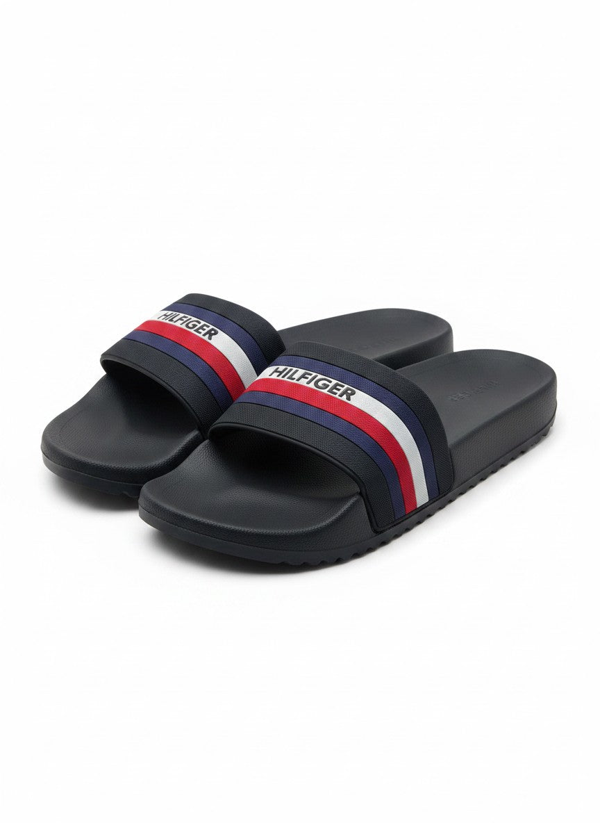 Tommy Hilfiger Style Black Slide Slippers With Red White & Blue Logo Strap