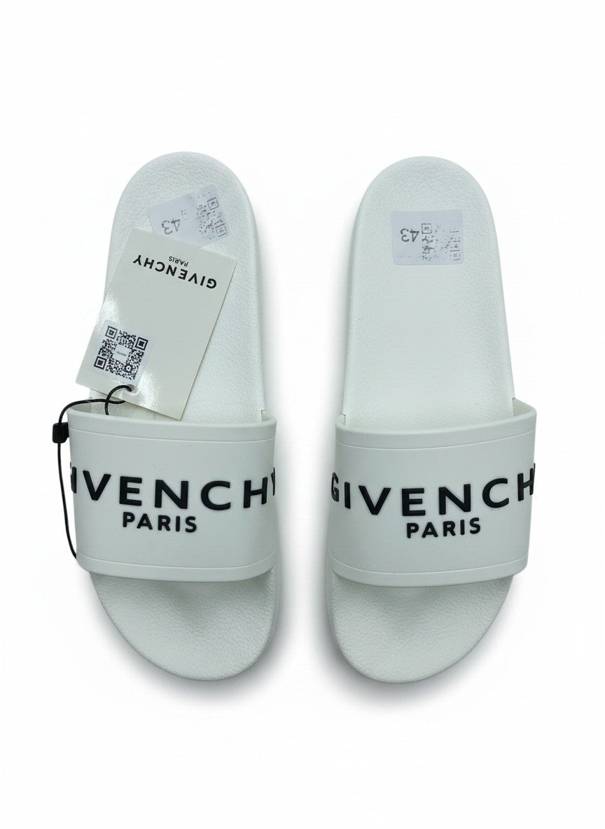 Givenchy Paris White Slide Slippers With Black Logo
