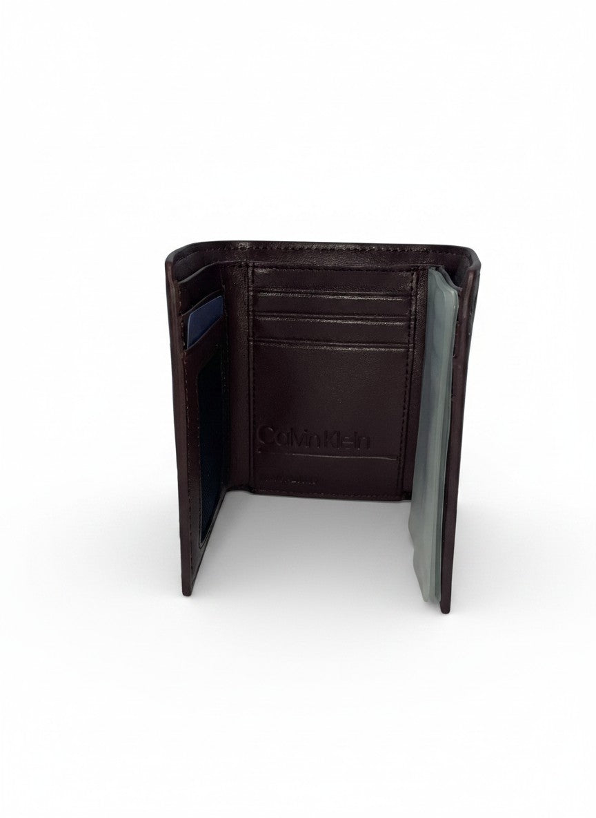 Calvin Klein Brown Trifold Wallet With Embossed CK Logo Pattern
