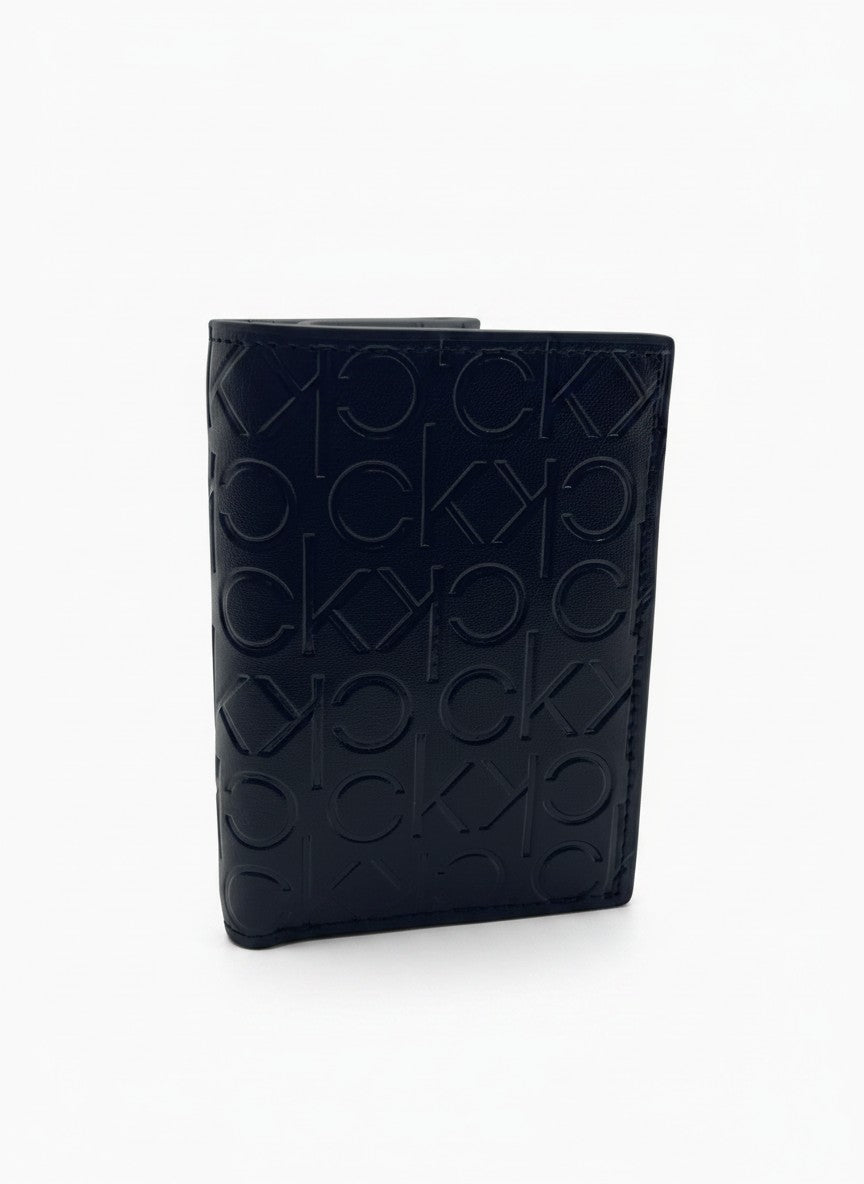 Calvin Klein Black Trifold Wallet With Embossed CK Logo Pattern
