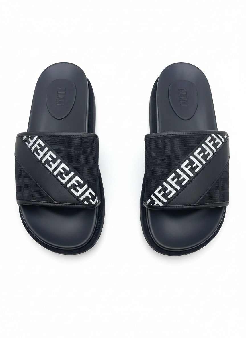 Fendi Style Black Platform Slide Slippers With Diagonal Logo Strap