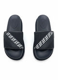 Fendi Style Black Platform Slide Slippers With Diagonal Logo Strap