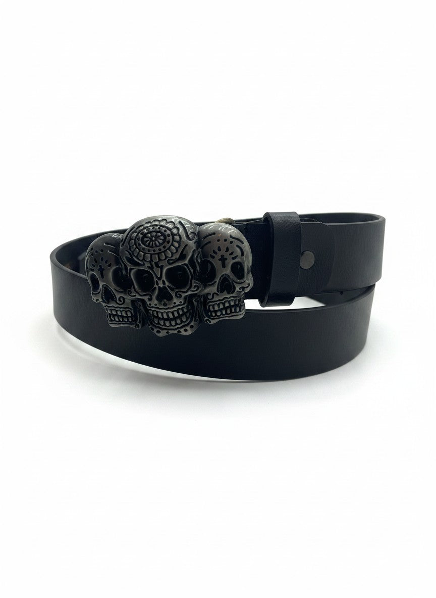 Black Leather Belt With Triple Skull Metal Buckle - 120 cm