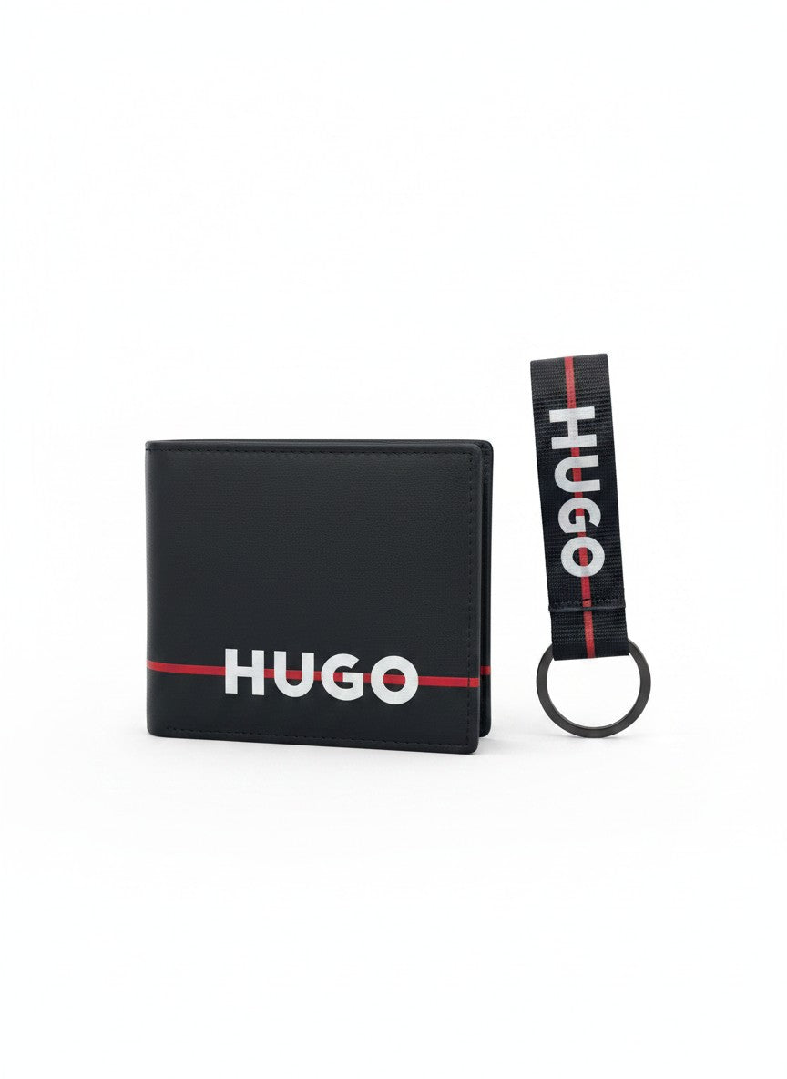 HUGO Black Bifold Wallet & Keychain Gift Set With Red Stripe Logo