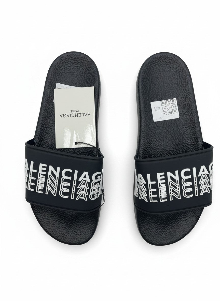 Balenciaga Black Slide Slippers With White Logo Strap