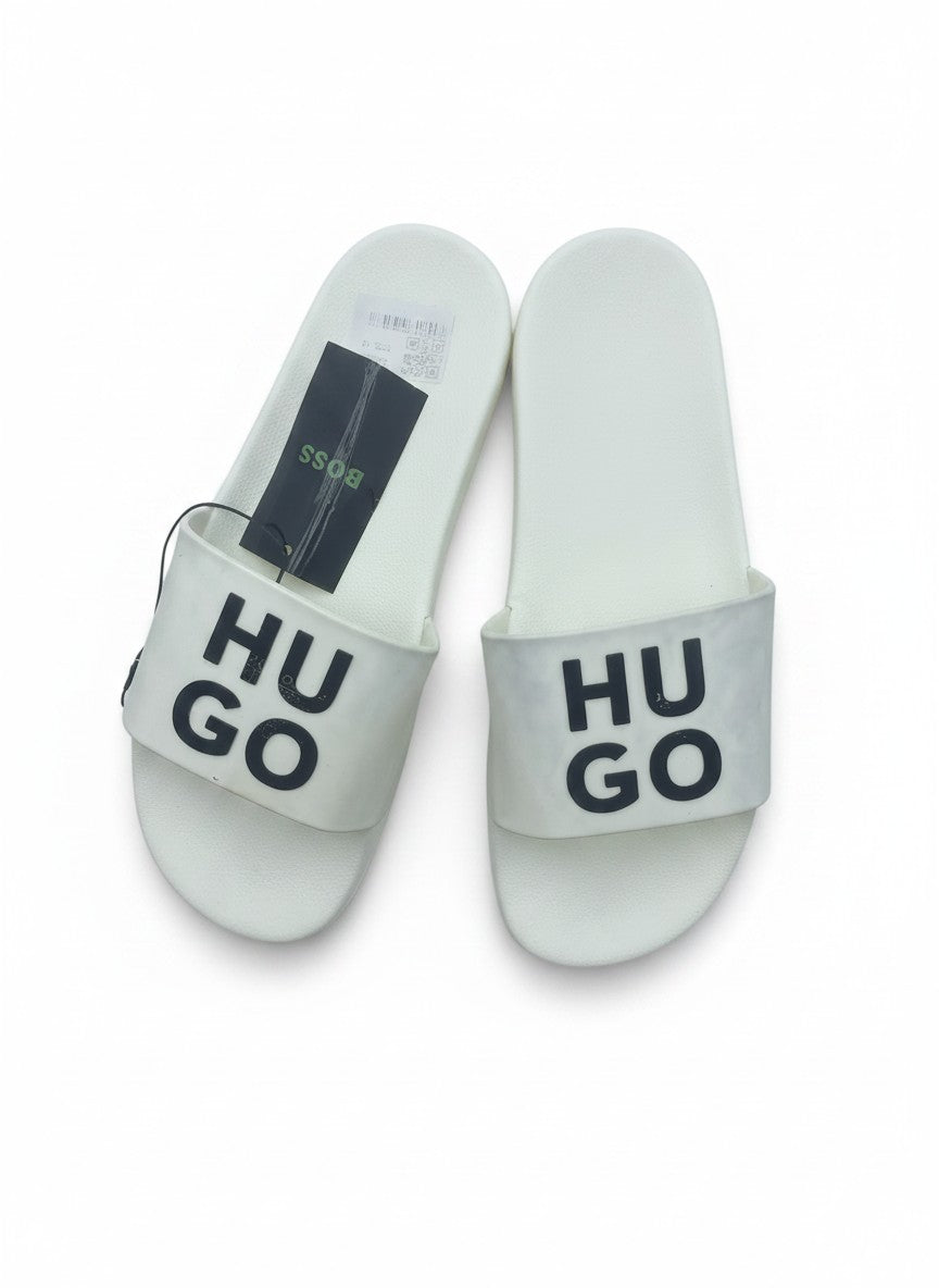 HUGO White Slide Slippers With Black Logo