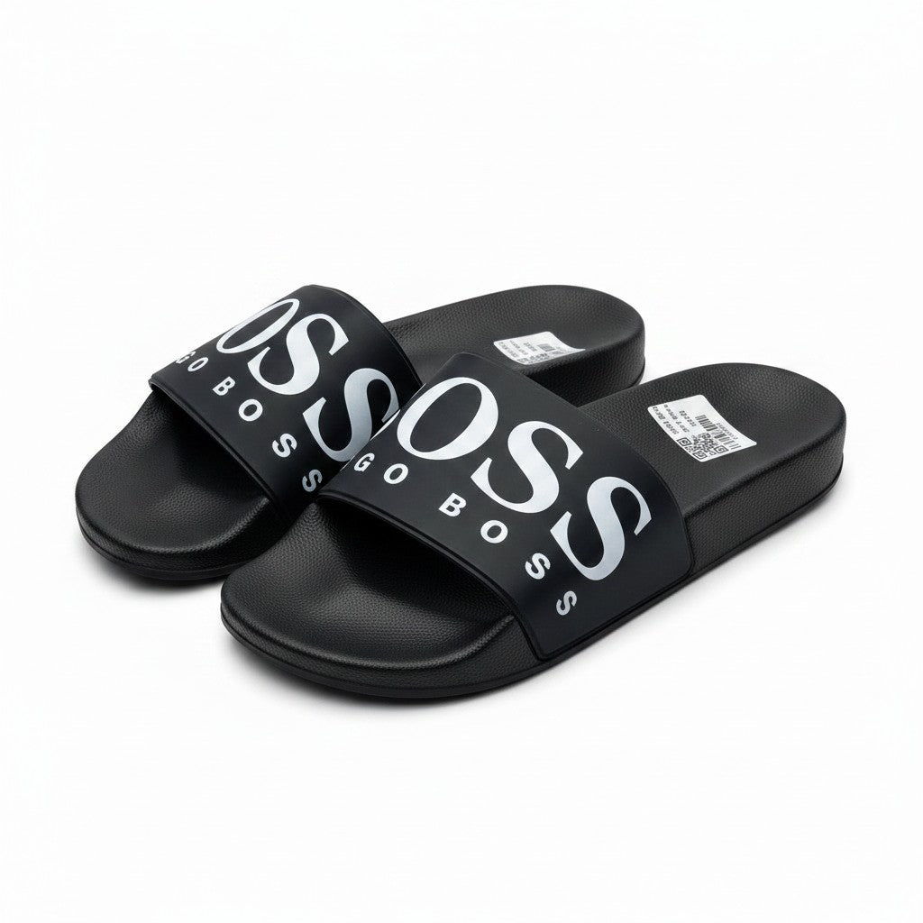 BOSS Italian-Made Slides With Large Logo Detail - Black