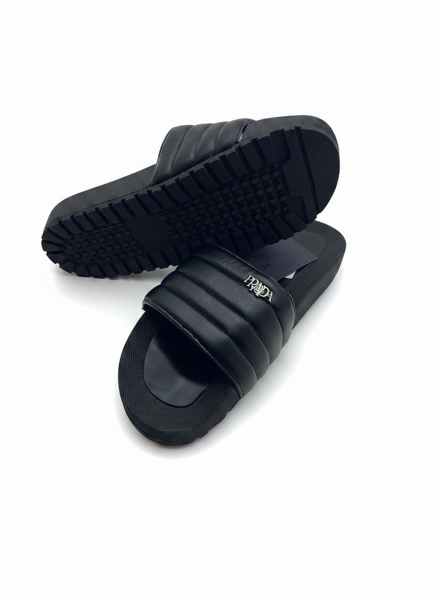 Prada Black Padded Slide Slippers With Silver Logo