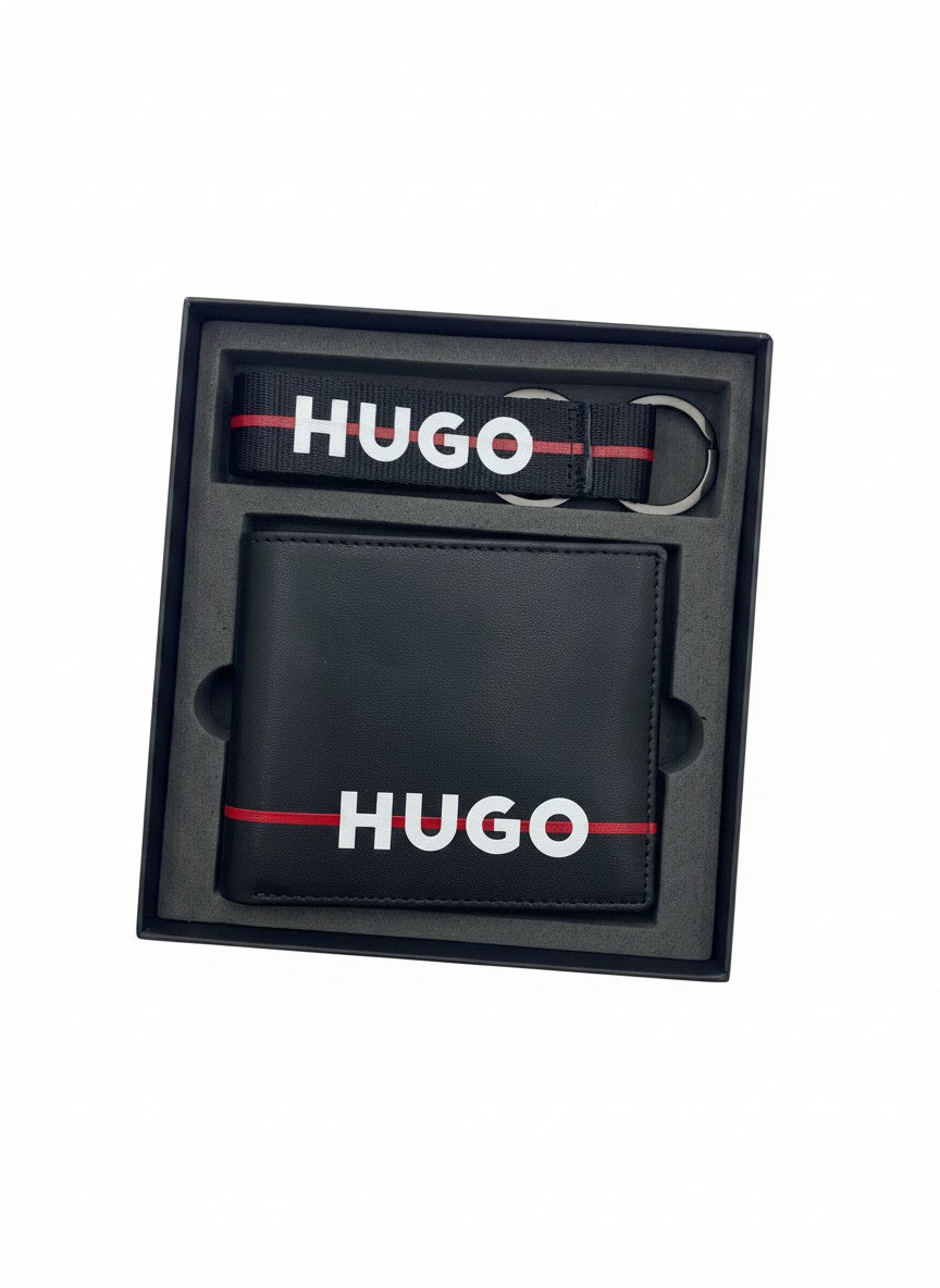 HUGO Black Bifold Wallet & Keychain Gift Set With Red Stripe Logo