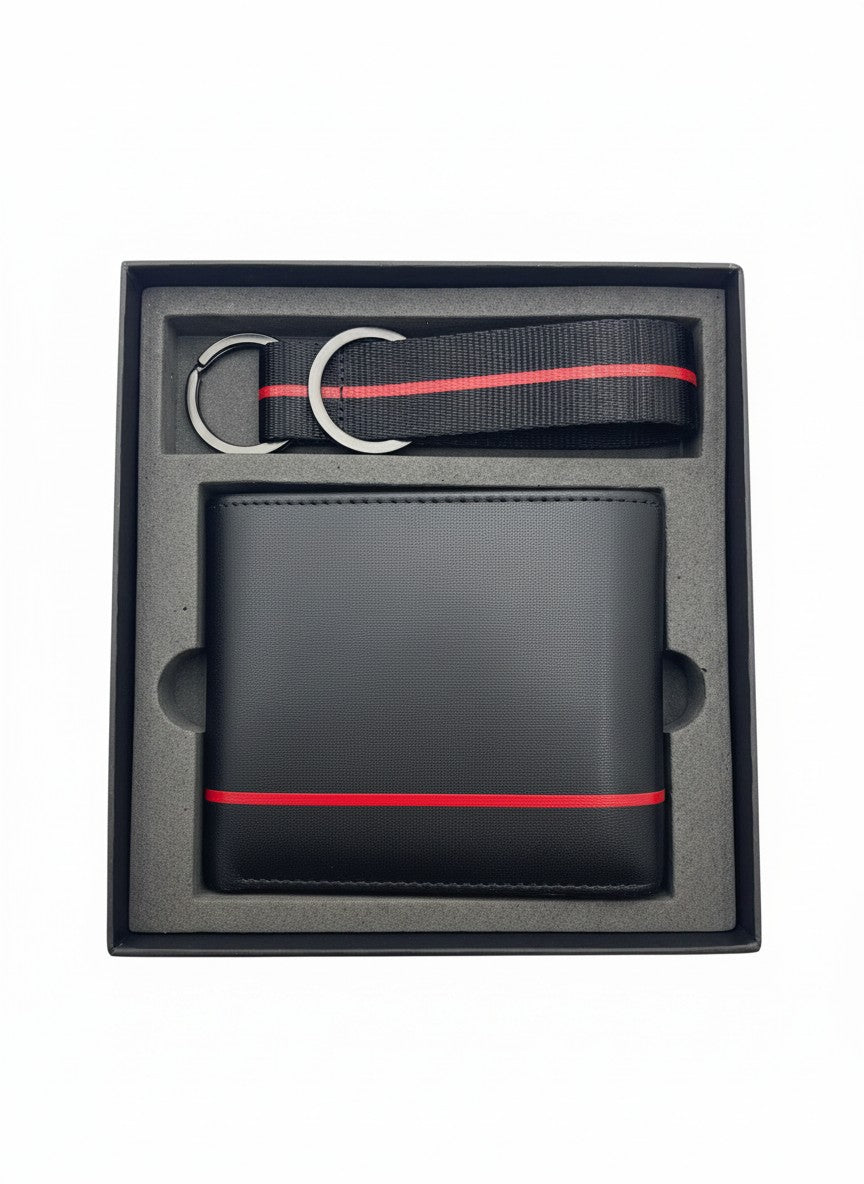 HUGO Black Bifold Wallet & Keychain Gift Set With Red Stripe Logo