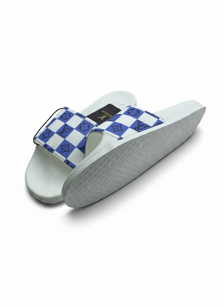 Louis Vuitton Style White & Blue Check Slide Slippers