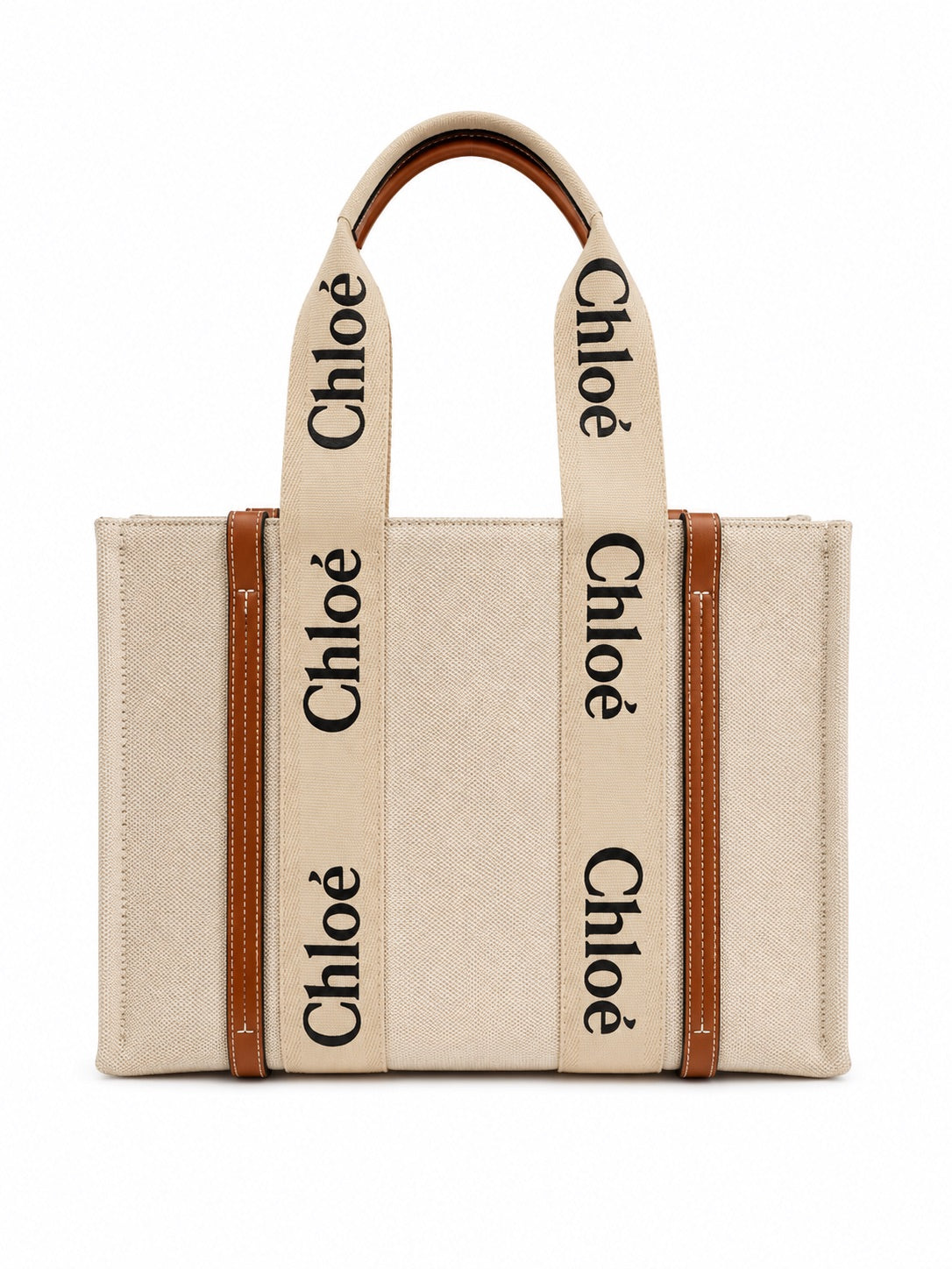 Chloé Woody Tote Bag Linen White & Brown