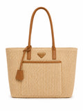 Prada Large Crochet Tote Bag with Leather Details Natural