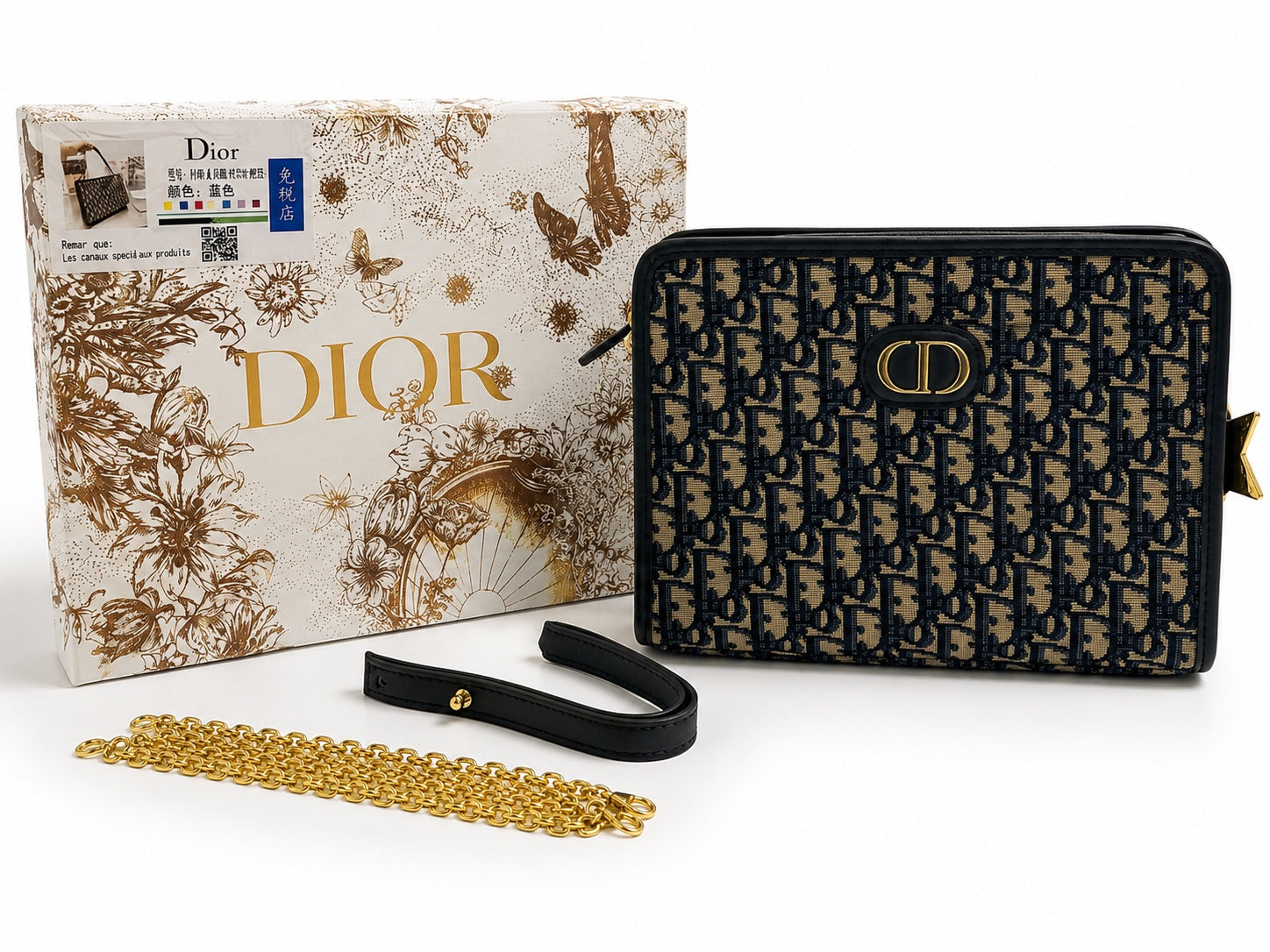 Dior 30 Montaigne Pouch With Chain - Blue Dior Oblique Jacquard