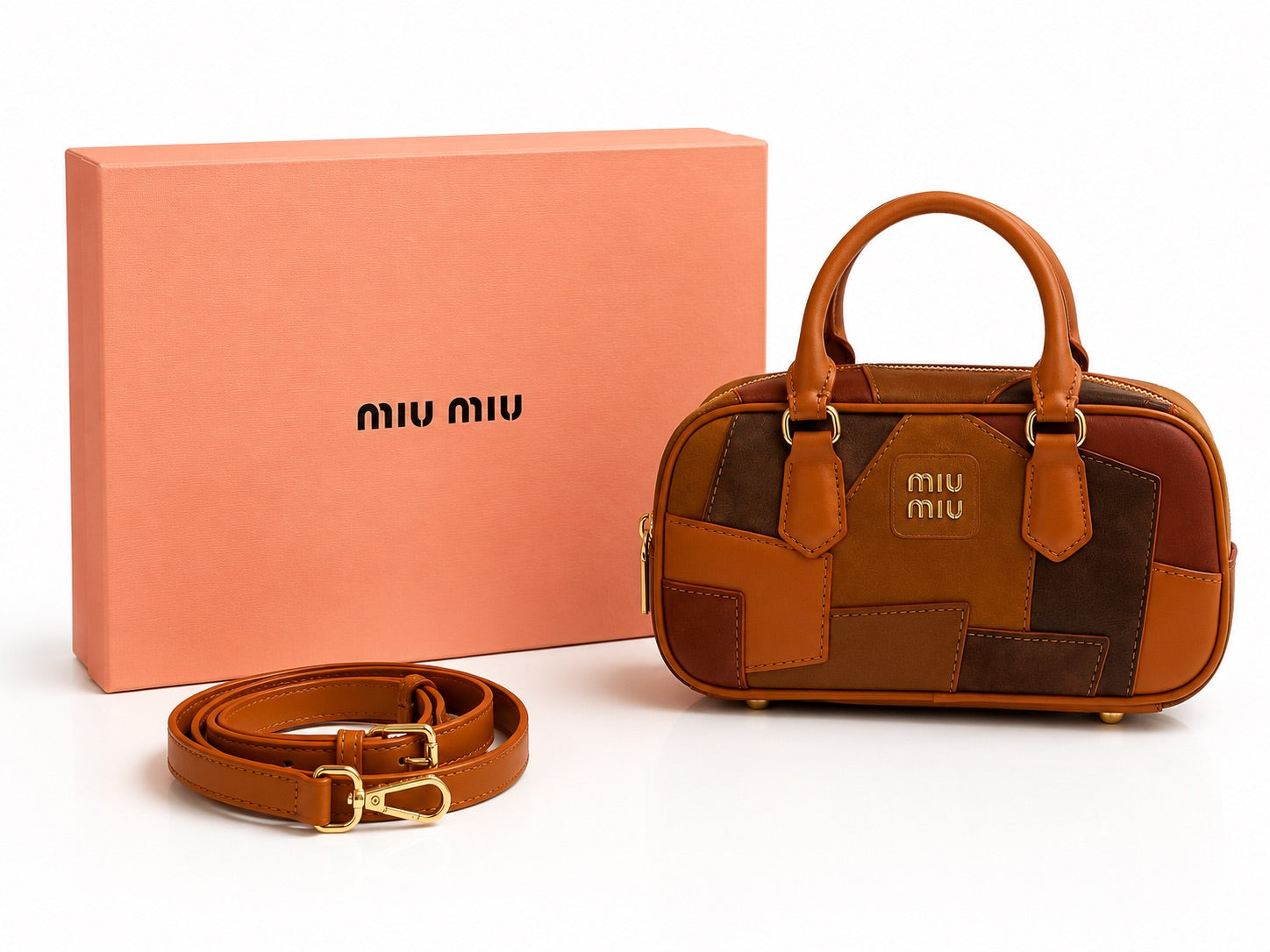 Miu Miu Patchwork Leather Top Handle Bag - Cognac Brown