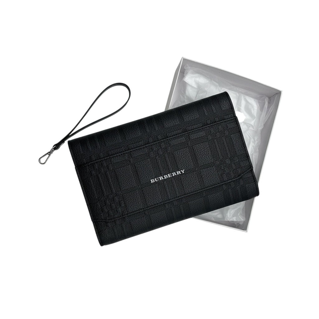 Burberry Embossed Check Leather Zip Pouch - Black