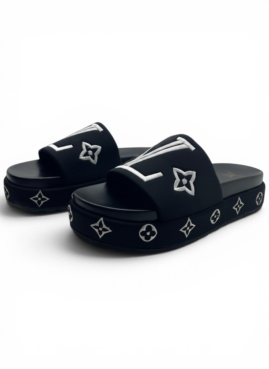 Louis Vuitton Style Black Platform Slide Slippers With White Embroidered Logo