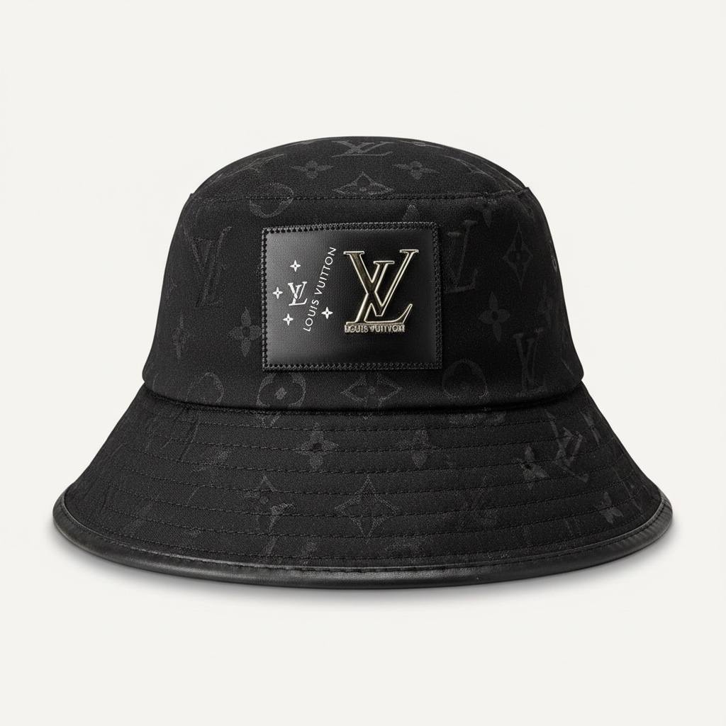 Louis Vuitton Black Monogram Bucket Hat With Front Logo Patch