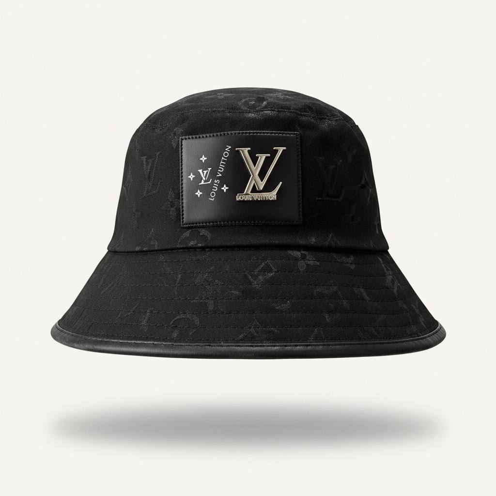Louis Vuitton Black Monogram Bucket Hat With Front Logo Patch