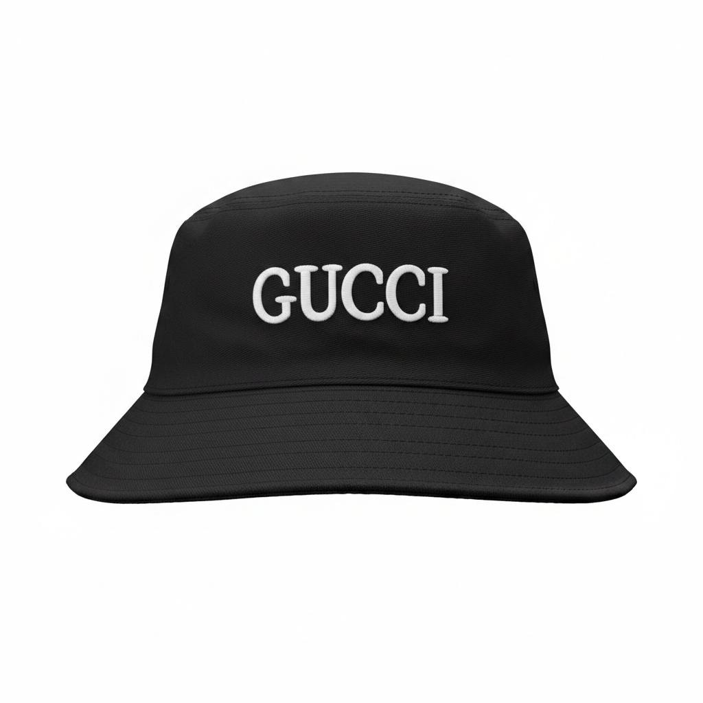 Gucci Black Bucket Hat With White Logo Embroidery