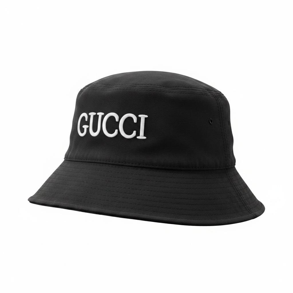 Gucci Black Bucket Hat With White Logo Embroidery