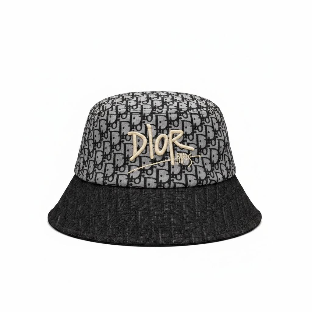 Dior Grey Oblique Bucket Hat With Gold Logo Embroidery