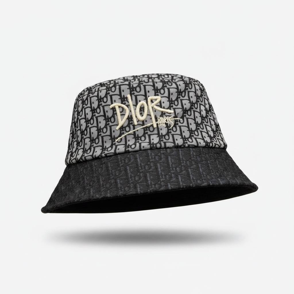 Dior Grey Oblique Bucket Hat With Gold Logo Embroidery