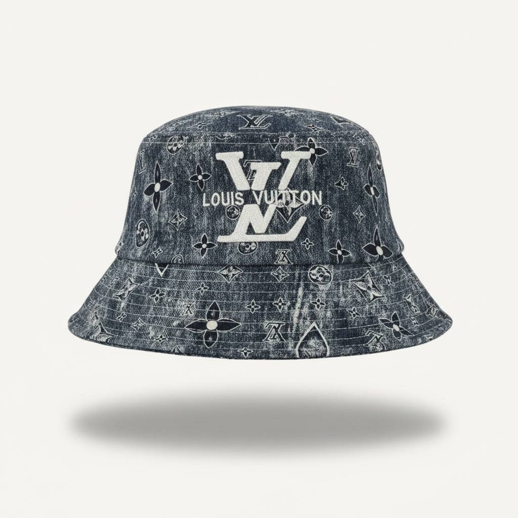 Louis Vuitton Washed Denim Monogram Bucket Hat With White Logo