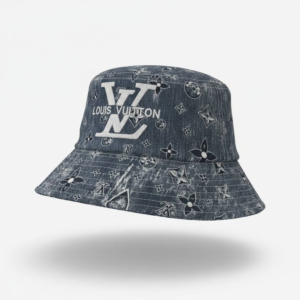 Louis Vuitton Washed Denim Monogram Bucket Hat With White Logo