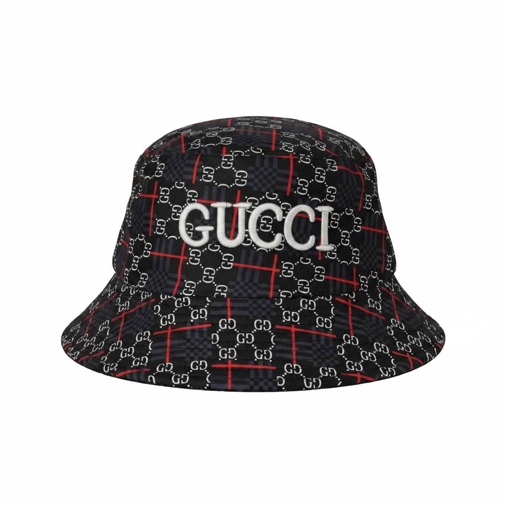 Gucci Black Reversible Bucket Hat With Red Logo Embroidery