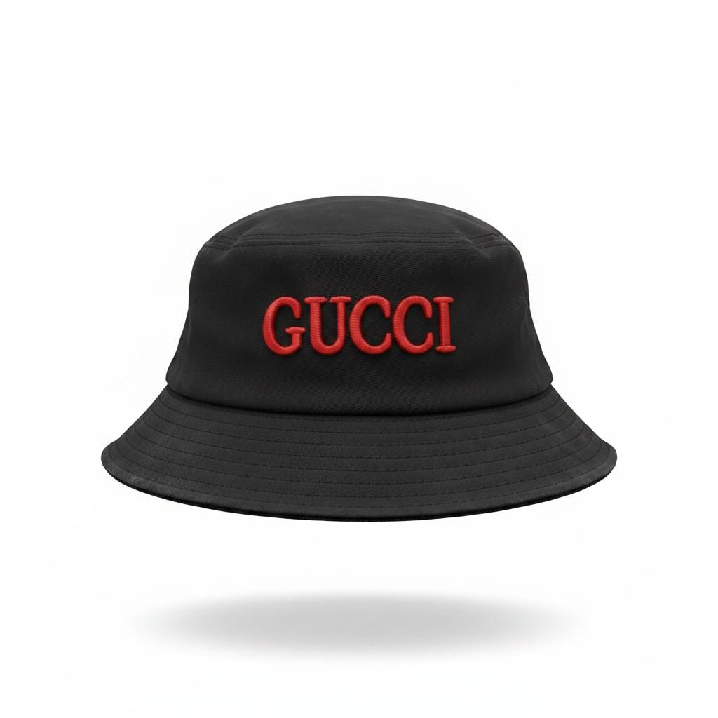 Gucci Black Reversible Bucket Hat With Red Logo Embroidery