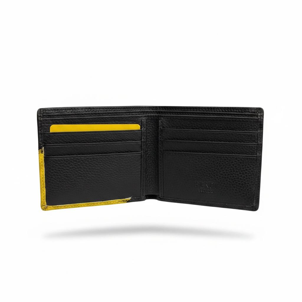Fendi Black Leather Bifold Wallet With Yellow Monster Detail