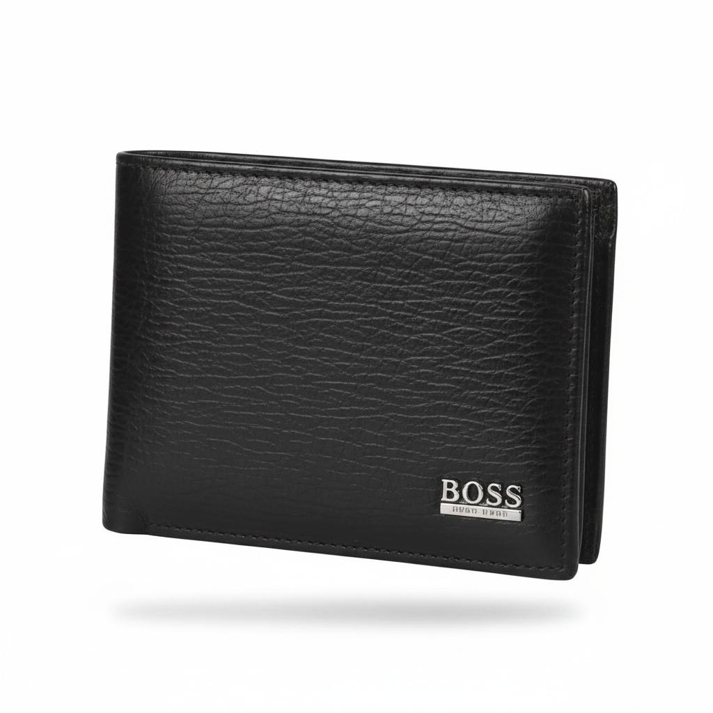 BOSS Black Leather Bifold Wallet With Silver Logo