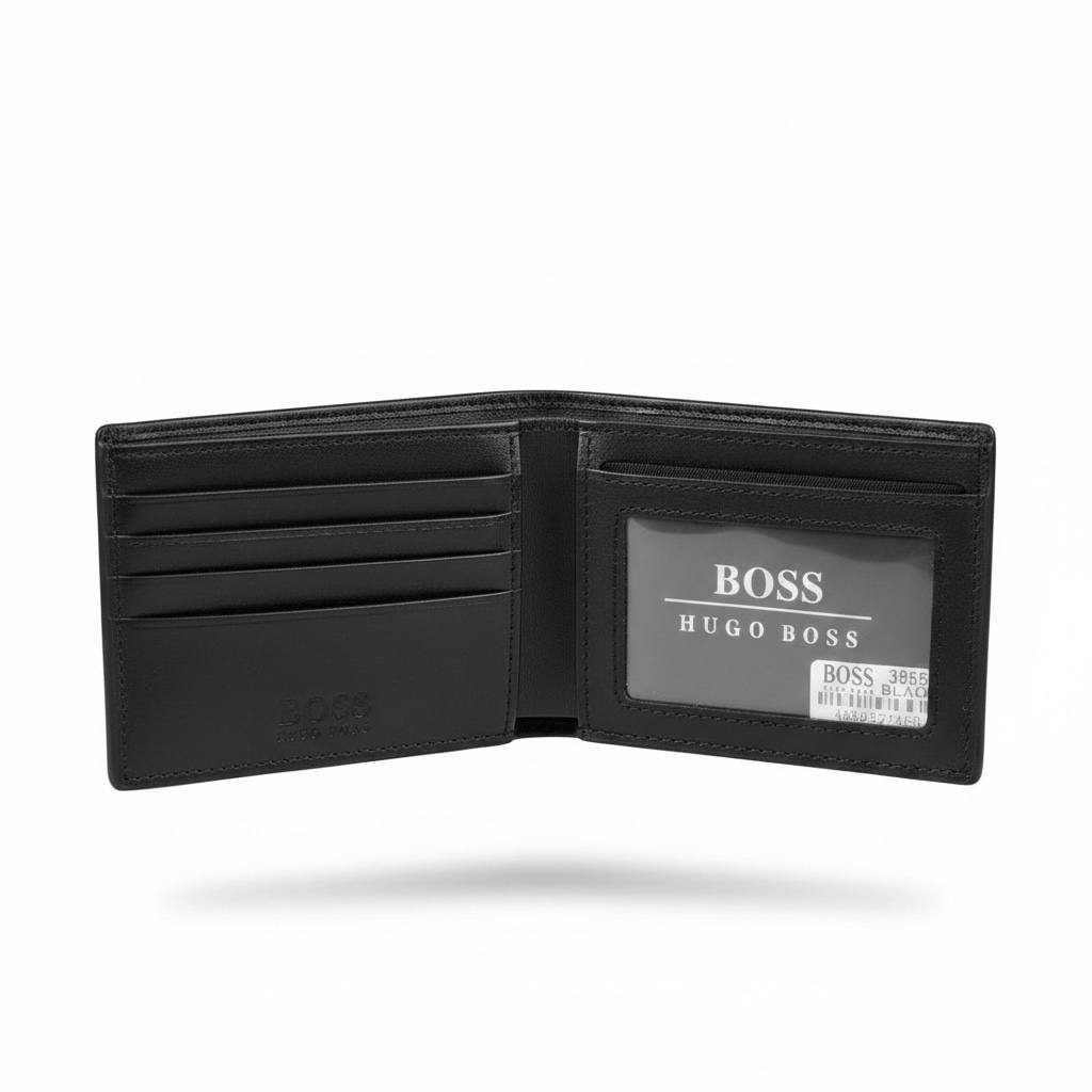 BOSS Black Leather Bifold Wallet With Silver Logo