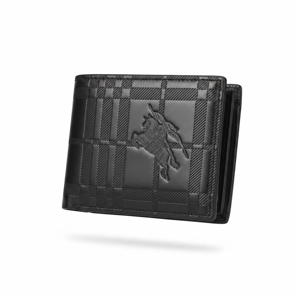 Burberry Black Check Bifold Wallet With Embossed Knight Logo