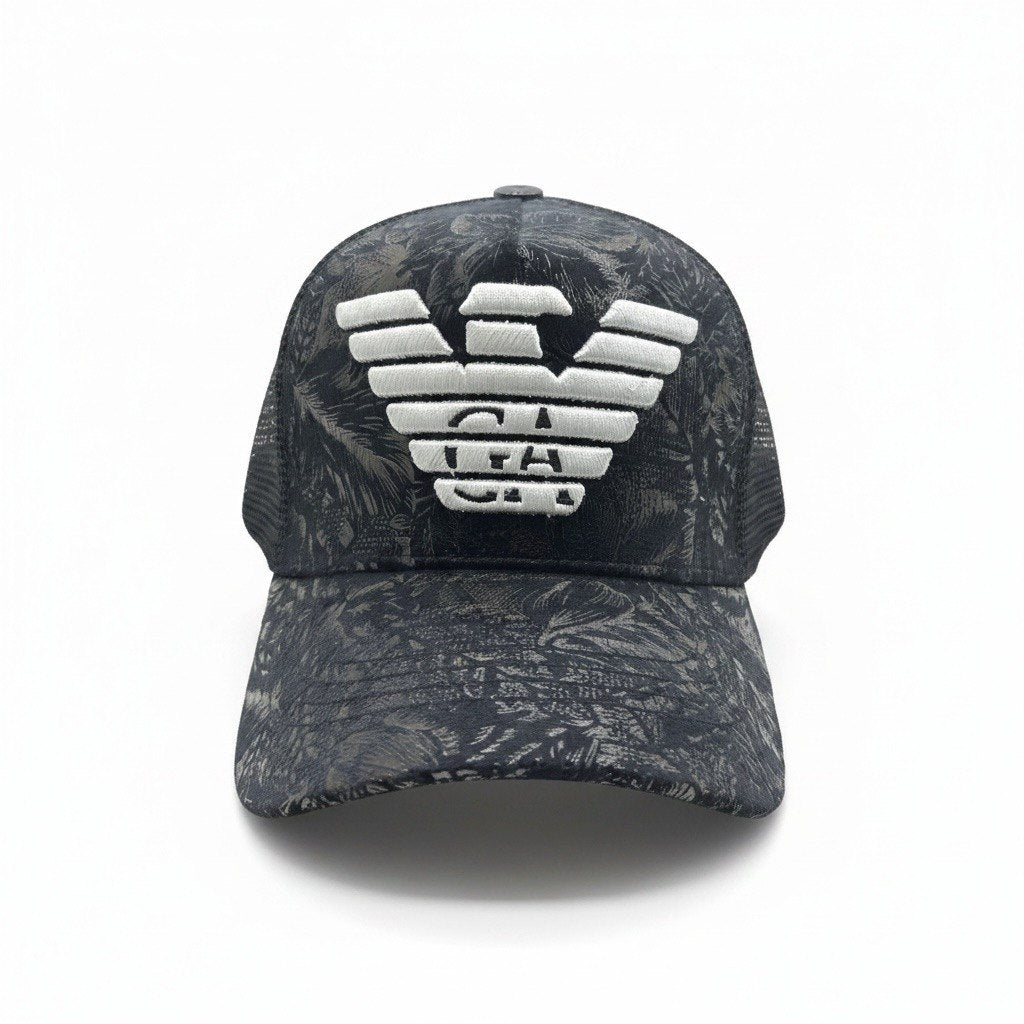 Giorgio Armani Black Printed Trucker Cap With White Eagle Logo