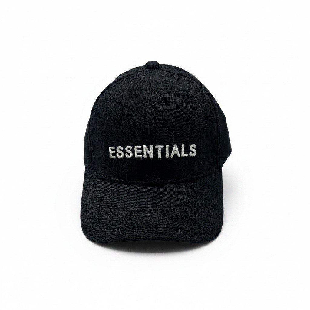 ESSENTIALS Black Curved Brim Cap With White Logo Embroidery