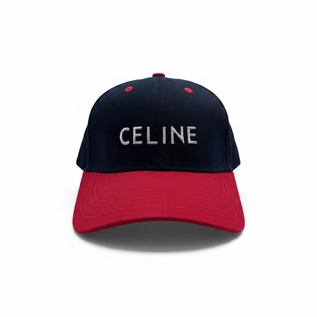 Celine Navy and Red Curved Brim Cap With Silver Logo Embroidery
