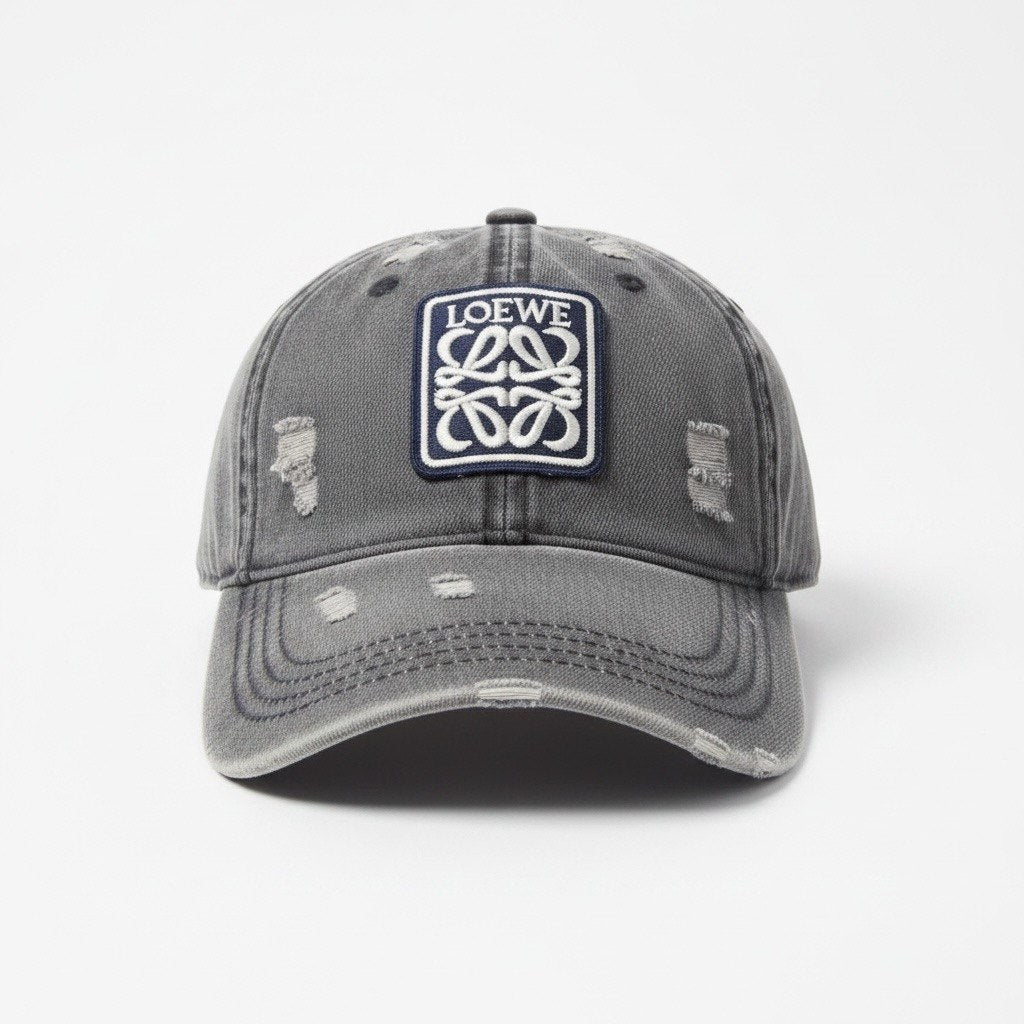 Loewe Grey Distressed Curved Brim Cap With Logo Patch