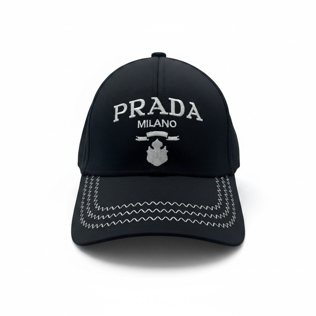 Prada Black Curved Brim Cap With White Milano Logo Embroidery
