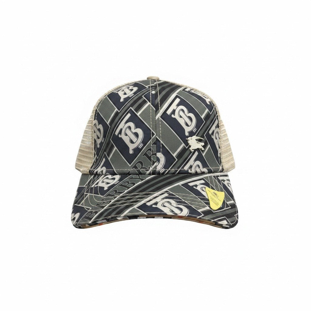 Burberry Grey Monogram Trucker Cap With Beige Mesh Panels